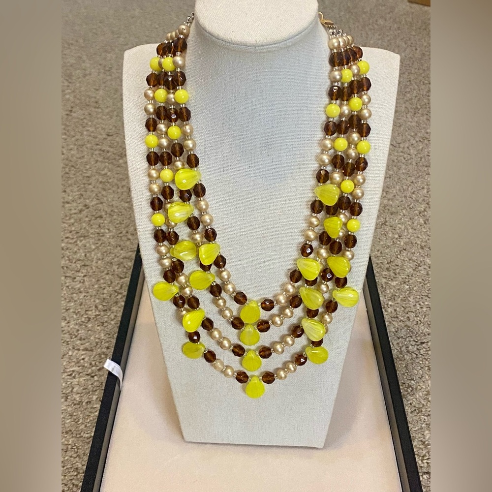 Vintage Yellow Cadmium Glass Brown Crystal Multi Strand Necklace